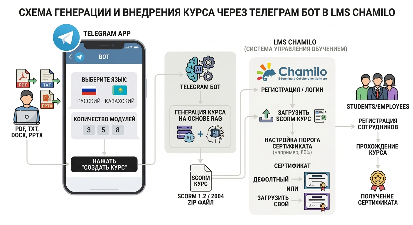 Схема генерации и внедрения курса через Telegram-бот в LMS Chamilo