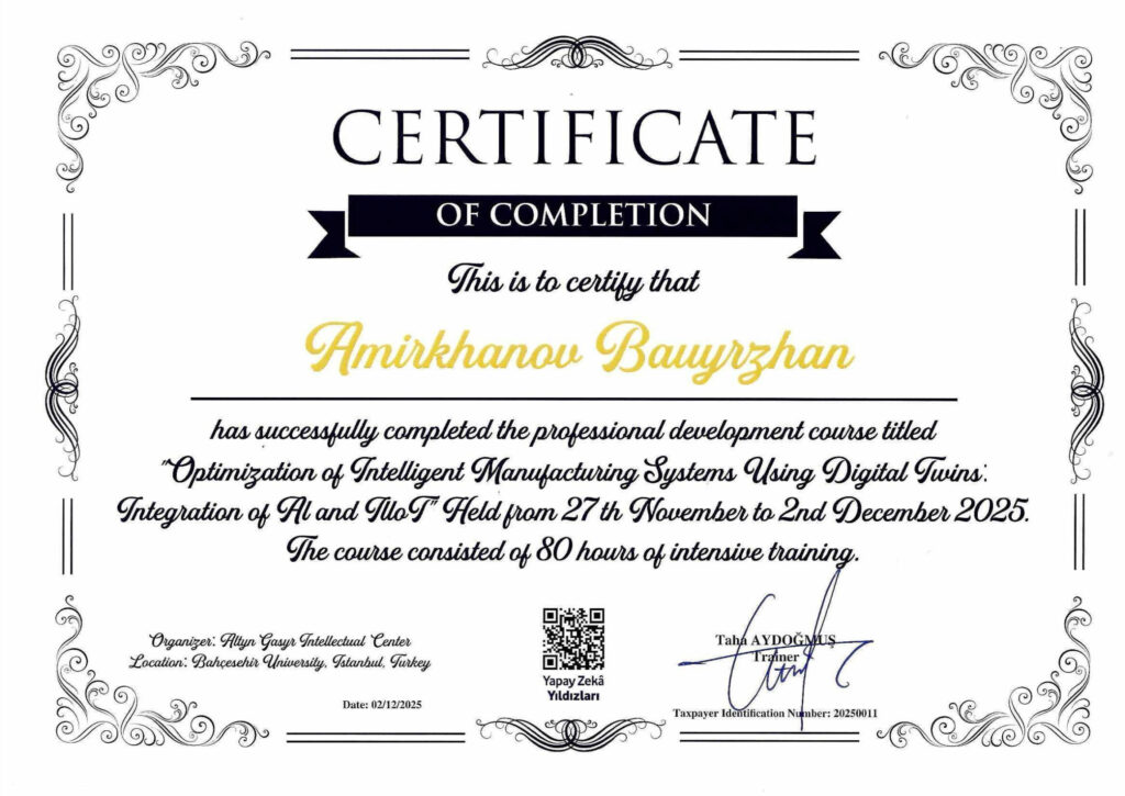 Bahçeşehir course 2025 certificate — Amirkhanov Bauyrzhan