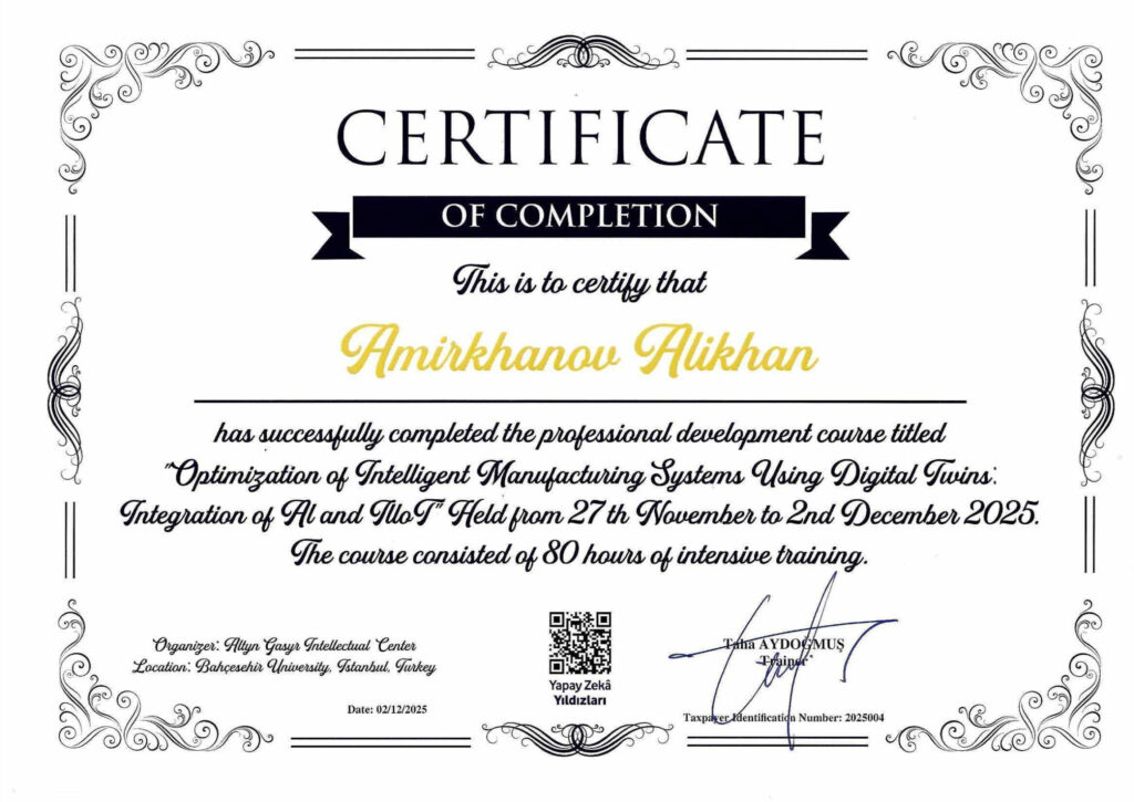 Bahçeşehir course 2025 certificate — Amirkhanov Alikhan