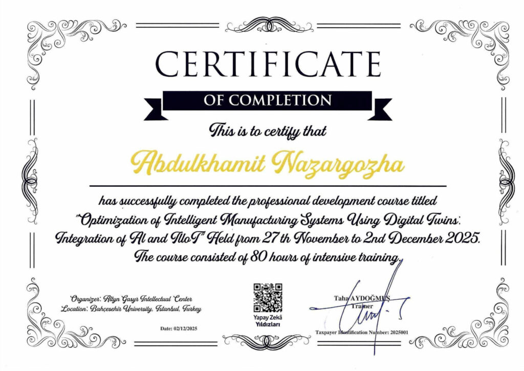 Bahçeşehir course 2025 certificate — Abdulkhamit Nazargozha
