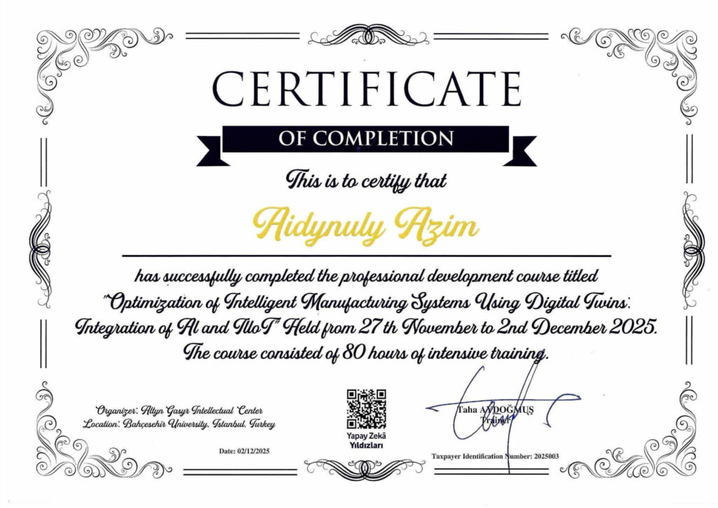 Bahçeşehir course 2025 certificate — Aidynuly Azim