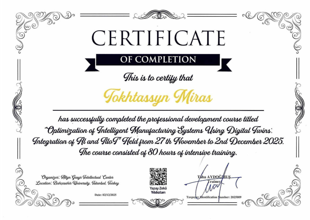 Bahçeşehir course 2025 certificate — Tokhtassyn Miras