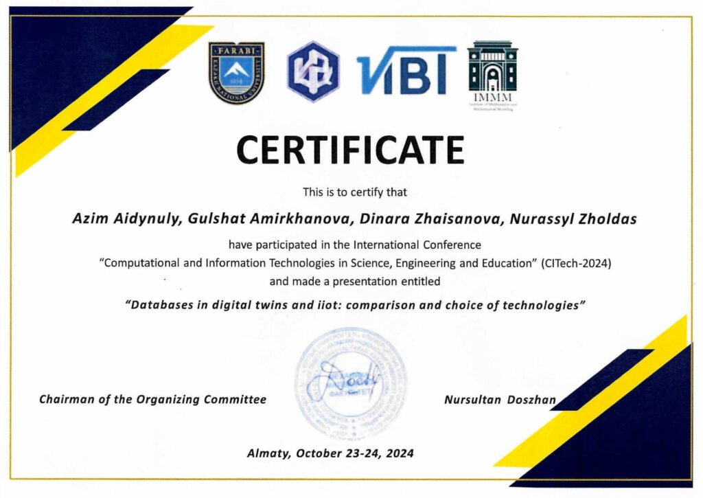 CITech-2024 certificate — paper “Databases in digital twins and IIoT: comparison and choice of technologies”