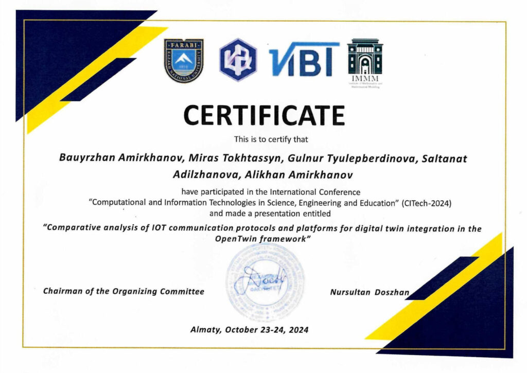 Сертификат CITech-2024 — доклад «Comparative analysis of IoT communication protocols and platforms for digital twin integration in the OpenTwin framework»