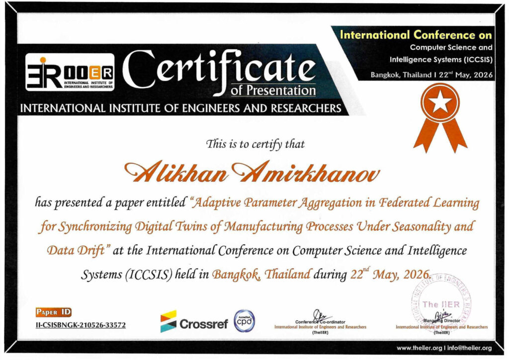 ICCSIS 2026 certificate — Alikhan Amirkhanov