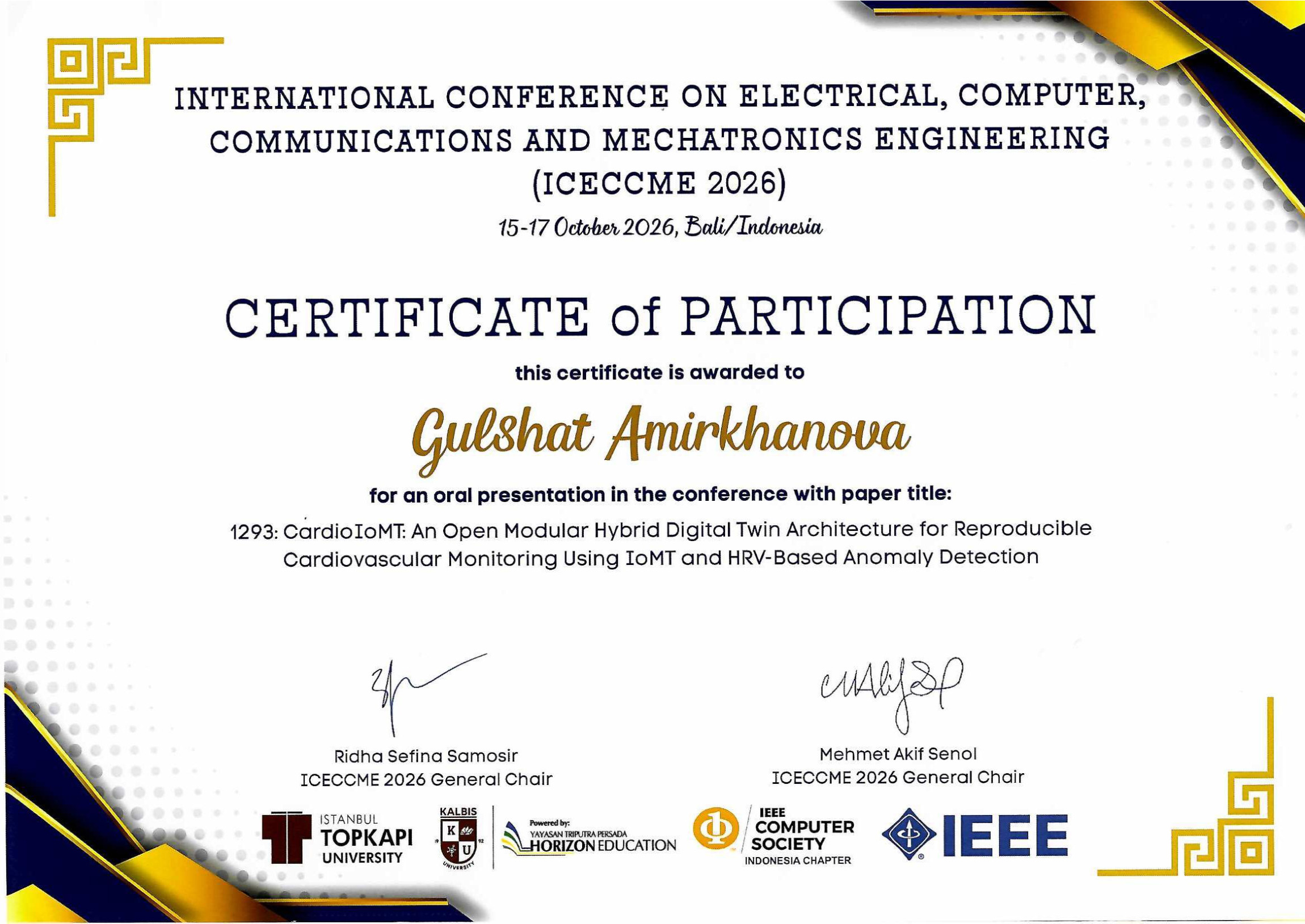 ICECCME 2026 certificate — Gulshat Amirkhanova