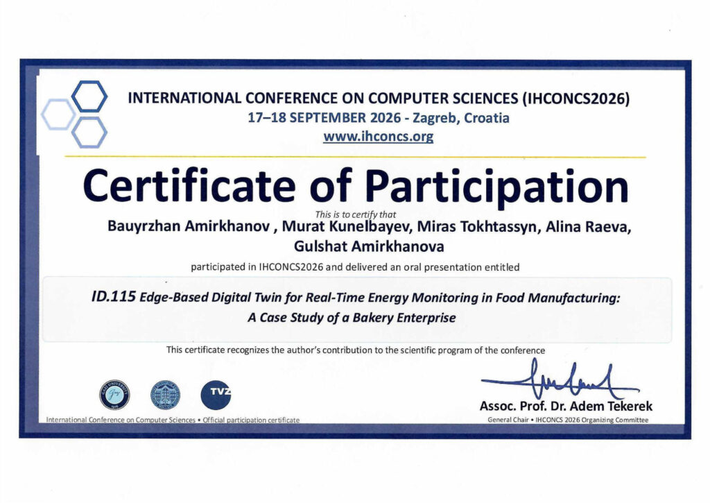Сертификат IHCONCS 2026 — доклад ID 115 «Edge-Based Digital Twin for Real-Time Energy Monitoring in Food Manufacturing»