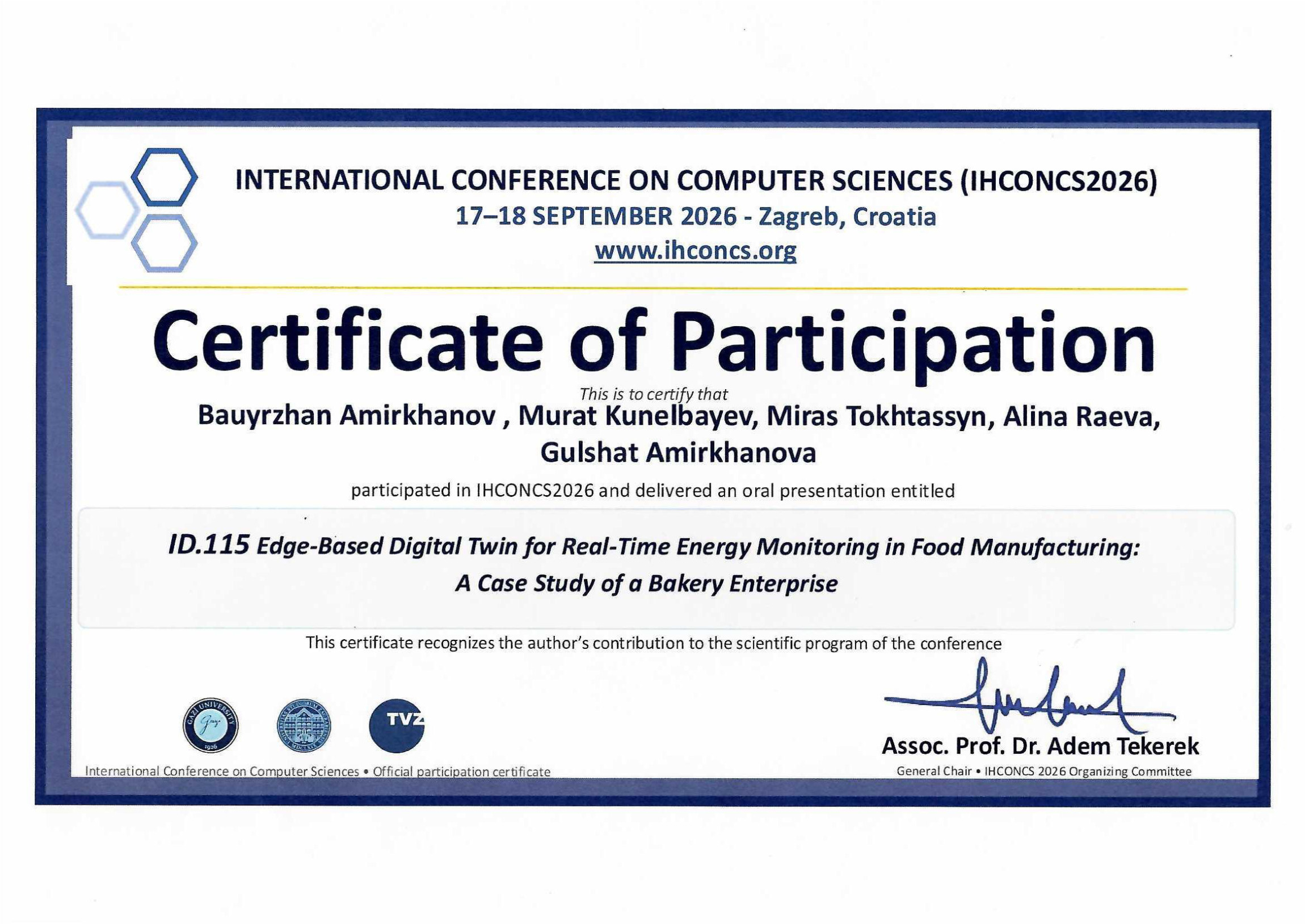 IHCONCS 2026 certificate — paper ID 115 “Edge-Based Digital Twin for Real-Time Energy Monitoring in Food Manufacturing”
